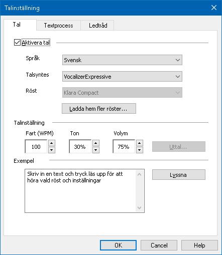 134 Talflik Inställning Aktivera tal Språk Talsyntes Röst Beskrivning Aktivera och avaktiverar skärmläsning. Visar en lista med tillgängliga språk på ditt system.