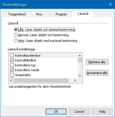 Kapite 6 Läsfunktioner 151 Läsnivåflik Inställning Läsnivå Avancerad Normal Nybörjare Läsnivå inställningar Markera alla Avmarkera alla. Beskrivning Läser text med minimala detaljer om objektet.