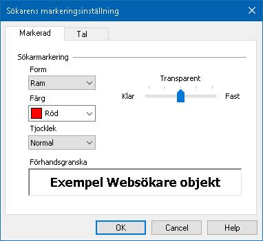 194 Sökarmarkering och talinställning Sökarinställningen gör att du kan ställa in markering och tal som ska användas fär att skumma igenom hittade objekt.