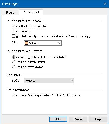 Kapitel 9 Programinställningar 227 Kontrollpanel Kontrollpanels inställning kontrollera hur ZoomText kontrollpanel ska visas på Windows skrivbordet. För att ändra inställning 1.