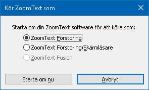 Kapitel 9 Programinställningar 229 Kör ZoomText som Vid speciella tillfällen kanske du vill att en ZoomText Magnifier/Reader installation ska köras som en ZoomText Magnifier.