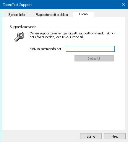 258 ordna till-kommando Ordna till kommando är avsett för att ordna till problem med prestanda och uppförande som har diagnoserats av ZoomText support.
