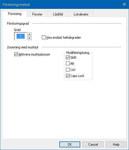 62 Förstoringsflik Inställning Förstoringsgrad Grad. Visa endast heltalsgrader Beskrivning Ställ in förstoringsgrad.