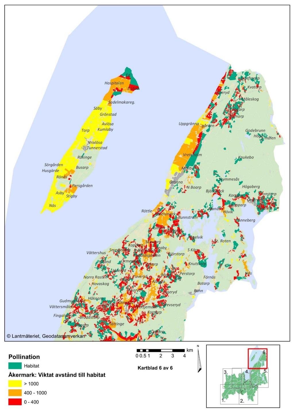 Figur 33 Pollinering av odlingsmark, räckvidd