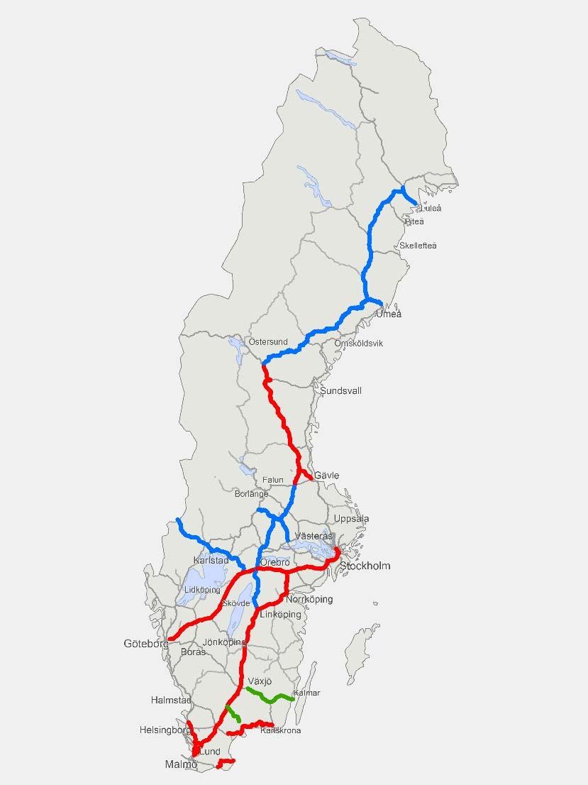 Figur 3. Karta över Sverige som visar järnvägsstråk där inventeringar genomförts (röd och grön) eller pågår (blå).