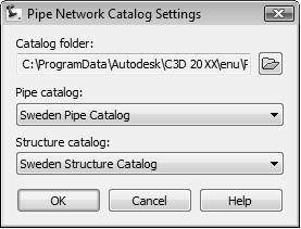 Vi måste först ställa in Civil 3D att använda de svenska ledningskatalogerna. I Ribbons klicka Create Design välj Set Pipe Network Catalog. 3. Välj Sweden Pipe Catalog respektive Sweden Structures Catalog.