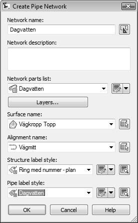 5. Välj Ribbons > Pipe Networks > Pipe Network Creation Tools och ställ in enligt nedan.