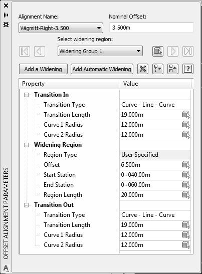 7. Avmarkera nedre vägkantslinjen och markera den därefter igen. I Ribbons, välj Offset Parameters.