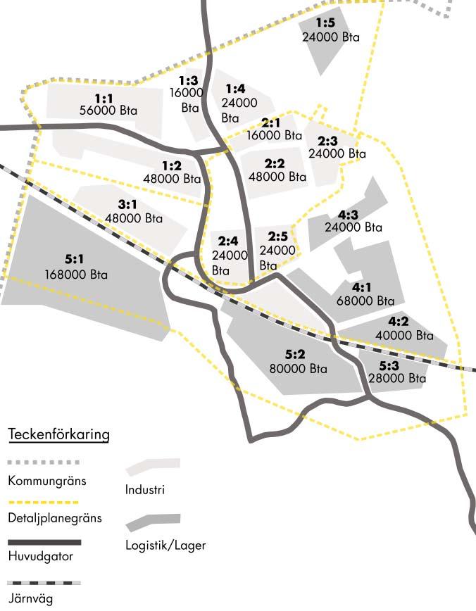 3.4 Exploatering och trafikalstring för Almnäs, del av Stockholm Syd 3.4.1 Markanvändning i Almnäs Utifrån det programförslag från 2012 som finns för Almnäs har två scenarier för markanvändningen tagits fram för markanvändningsgrad, bruttoarea (BTA), i området.