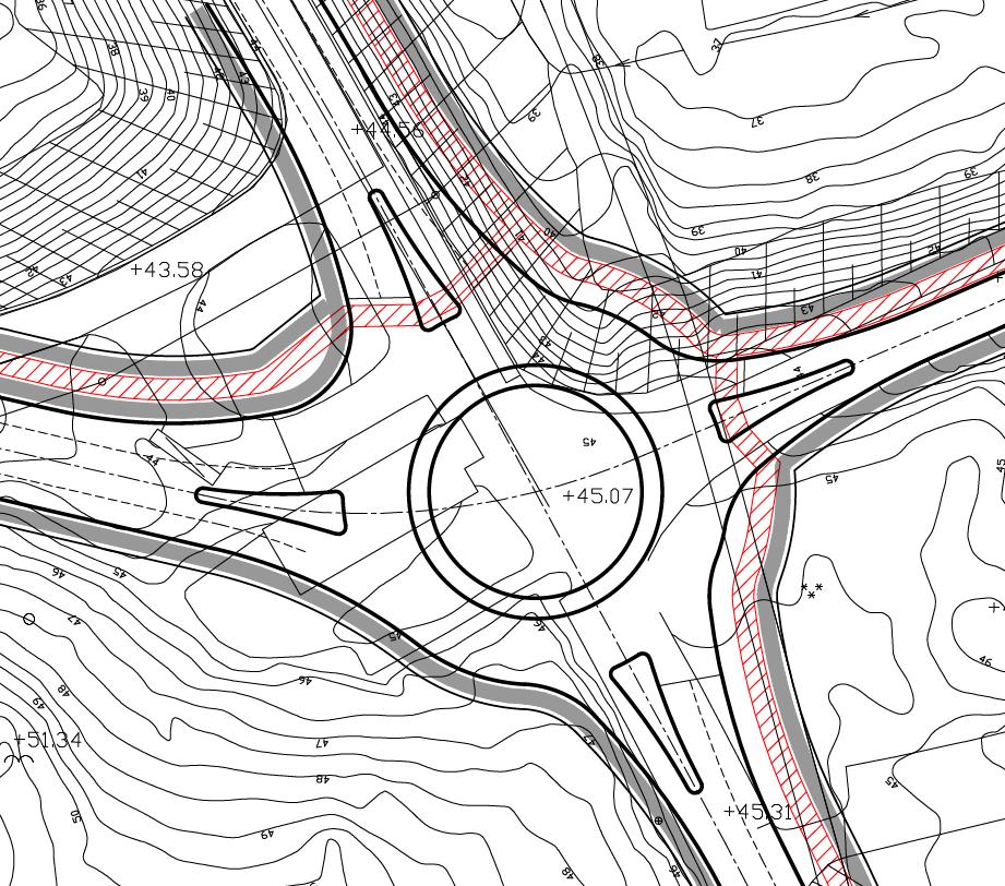 4.3.2 Korsning B Ritningen nedan visar förslag till en cirkulation vid punkt B. De röda fälten visar föreslagen gång och cykelbana och de grå fälten är diken.