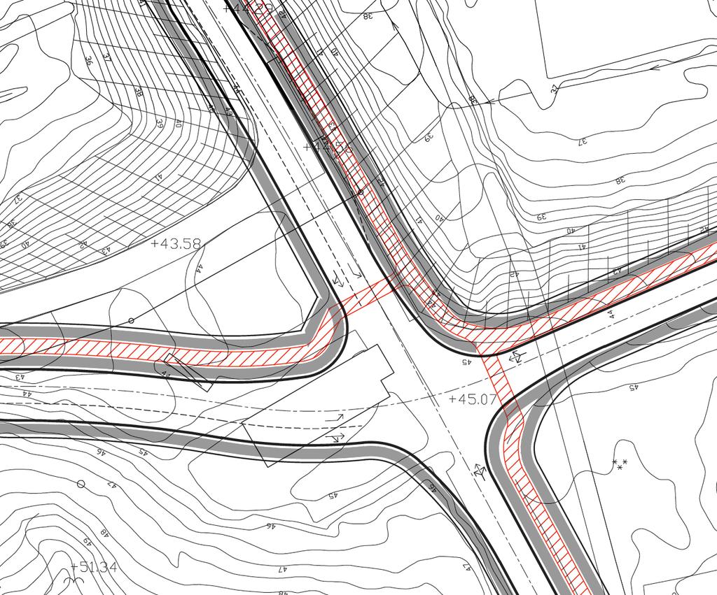 Alternativ två Fyrvägskorsning Ritningen nedan visar förslag till en fyrvägskorsning vid punkt B. De röda fälten visar föreslagen gång och cykelbana och de grå fälten är diken.