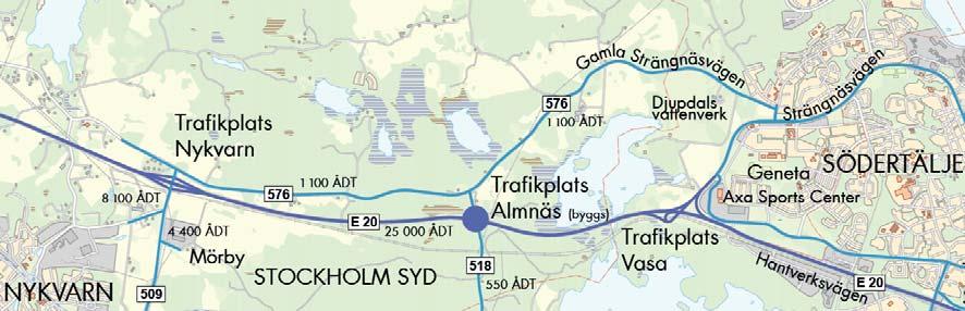 2.1 Vägnät och flöden Väg E20 går norr om Almnäsområdet och har motorvägsstandard. E20 har en betydande regional och nationell funktion.