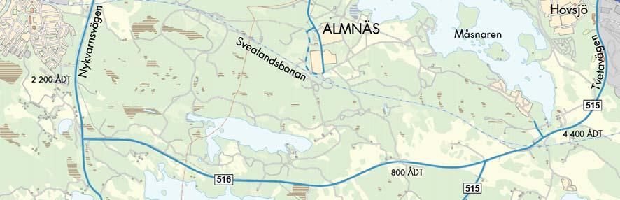 Trafikflödet är ca 25 000 fordon/årsdygn (Ådt) och tillåten hastighet 110 km/tim. Avståndet mellan de två befintliga trafikplatserna Nykvarn och Vasa är ca 6 km. Figur 3 visar vägnätet till Almnäs.