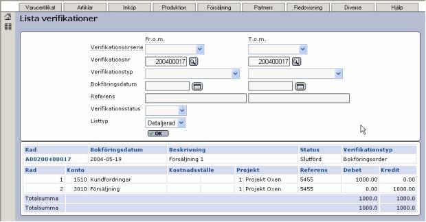 I ovanstående exempel har vi i listan Detaljerad gjort ett urval på verifikationen 200400017.