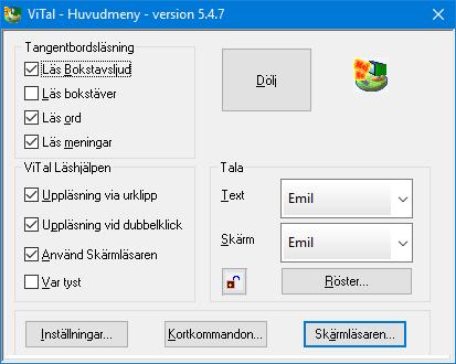 Läs från markören (F10) läser från markören och resten av texten. De enskilda ord markeras när de läses högt. Skärmläsaren på/av (F11) slår på eller av skärmläsaren.