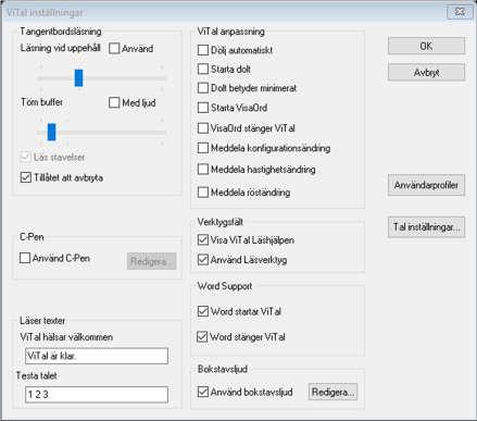 Word startar ViTal När du startar Word startas även ViTal. Denna inställning har ingen effekt på uppläsning av Word. Word stänger ViTal ViTal stängs automatiskt när Word avslutas.