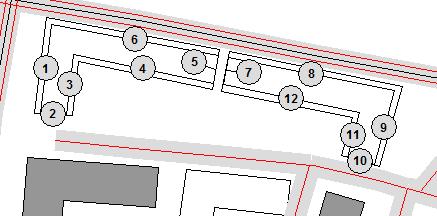 Figur 3. Beräkningspunkter för takterrasserna. Beräknade ljudnivåer på terrassvåningarna presenteras i Tabell 5.