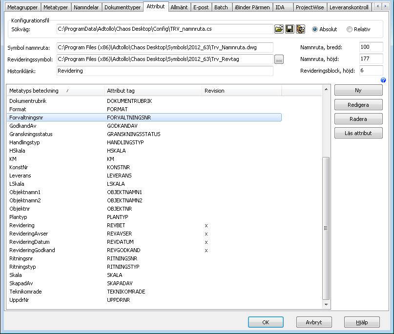 Attribut Här kopplas attribut från ett AutoCAD-block ihop med metatyper. Det används för att projektören skall kunna kommunicera metadata mellan ritningen och Chaos desktop.