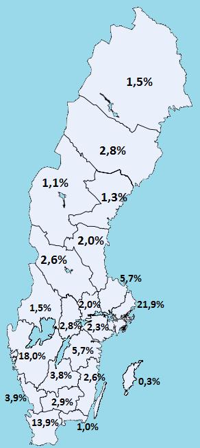 Figur 1. Den geografiska fördelningen av studiens deltagare (n=609). Sverige, september 2012. 4.1 Påverkan på sjukfrånvaro Den självuppskattade sjukfrånvaron sjönk efter diagnos (Figur 2).