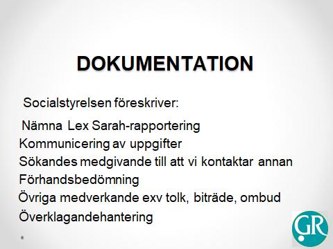 I Socialstyrelsens föreskrifter nämns några konkreta saker som ska vara med, bland annat: om det i ärendet gjorts en Lex Sarah-rapport eller en polisanmälan; hur vi kommunicerat information som