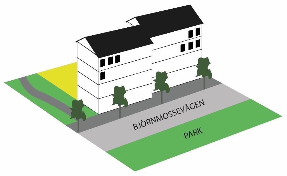 Sida 9 (12) Skala och placering Flerbostadshus placeras närmast Björnmossevägen med bostadsgård som distans mot befintliga fastigheter.