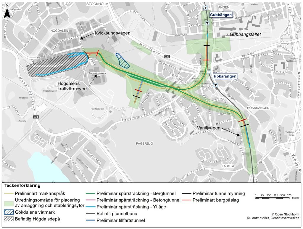 Figur 1. Beskrivning av utredningsområde samt preliminära markanspråk och spårsträckningar.