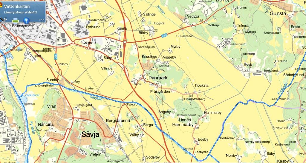 Den hotbild som beskrivs utgörs av; eutrofiering, vandringshinder för de olika arterna samt en ökning av miljögifter. Figur 4 Natura-2000 område längs med Funboån och Sävjaån markerat med grön linje.