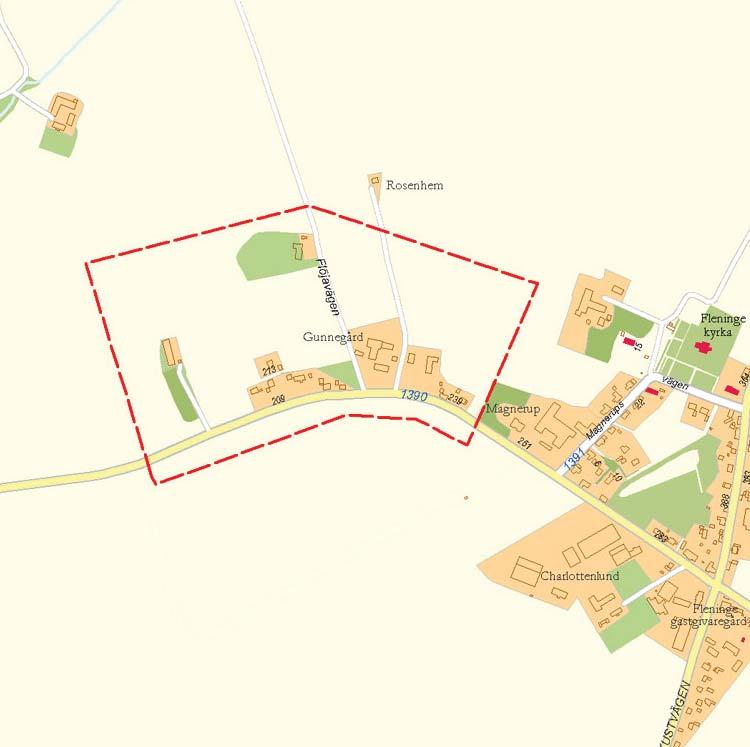 Programområdet Avgränsning Programområdet ligger i Fleninge bys utkant i den nordvästra delen, mot Ödåkra samhälle. Området är omgärdat av jordbruksmark i väster och norr.