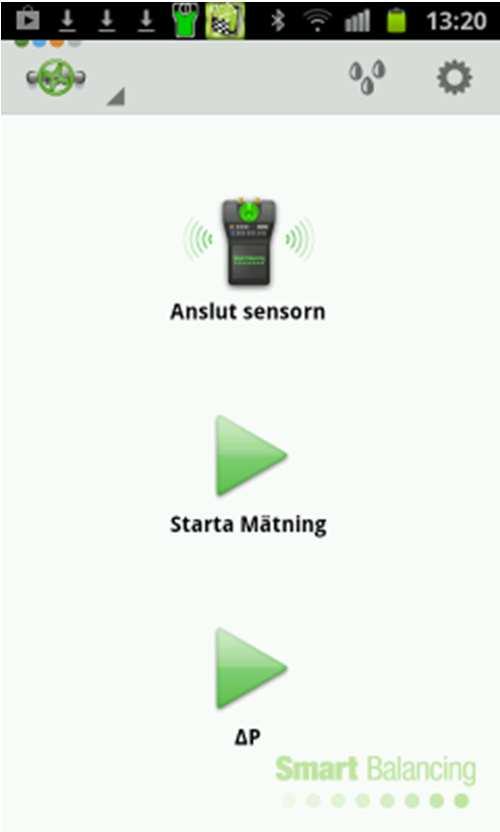 4. Mätning Då inställningar är klara och Offset Kalibrering är genomförd så kommer vi till mätförfarandet. På huvudmenysidan finns knappar Anslut sensorn, Starta Mätning, ΔP.