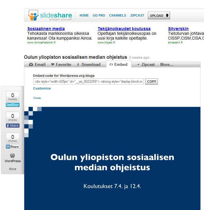 3) I den utvidgade vyn kan du välja den storleken du vill att presentationen 2) ska ha då du publicerar den i din blogg vi rekommenderar de två minsta) 4).