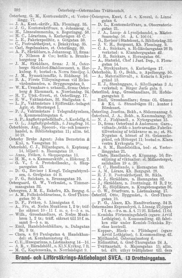 392 ÖsterbergcÖstermalms Tvättanstalt. Österberg, G. M., Kontorsskrifv., st. Vester Östergren, Knut, f. d. v. Konsul, ö: Linnelångg. 77. gatan 6. J. A., Kont.skrifv., Kh. Flemingg. 35. D. L., Kontorsskrifvare, n.