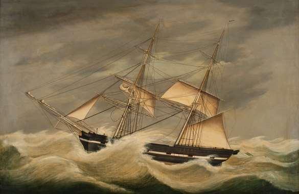 Målningen visar EMELIE utanför Start Point vid Engelska kanalens västra mynning. Fartyget ägdes av Godenius & Co som hade rederi och handelshus.