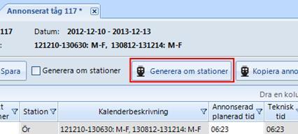Om du tagit bort eller lagt till aktiviteter eller om du ändrat status i kolumnen Annonseras kommer Via till/via från eller Till/Frånstationer att genereras om utifrån dina ändringar då du klickar på