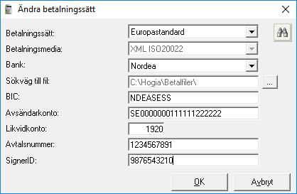 Betalsätt: Välj Europastandard Betalningsmedia: Automatisk visas XML ISO20022 när Europastandard är valt som betalsätt. Bank: Välj Nordea Filnamn: Välj var på din dator betalfilen skall sparas.