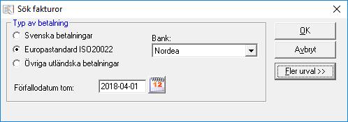 Bearbeta - Reskontra - Leverantör - Skapa betalningsorder). För fakturor i annan valuta än SEK väljer du Europastandard ISO20022.