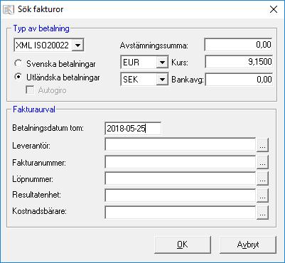 Det som är valt på leverantören föreslås men kan ändras i betalvyn när betalfilen skapas. Valutafickan föreslår alltid samma valuta som fakturan är skapad i, men kan ändras.