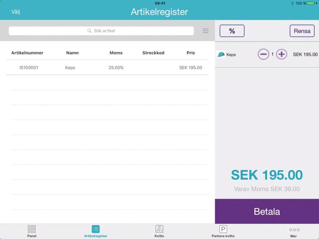 Försäljning Du kan sälja artiklar på två sätt genom artikelregistret eller genom snabbknappar. Under Artikelregister kan du se alla dina artiklar.