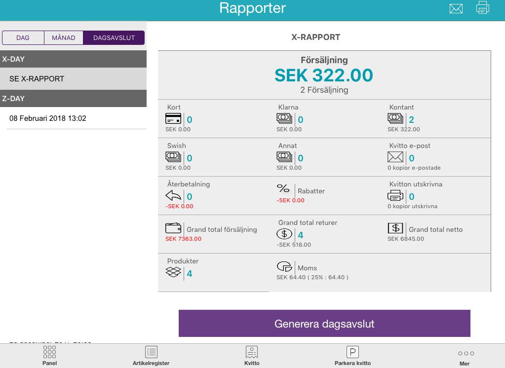 Genomför dagsavslut och se försäljningsrapport I slutet av varje dag skall ett dagsavslut göras. Detta kallas även för Z-rapport. Du gör dagsavslut genom Mer Generera dagsavslut.