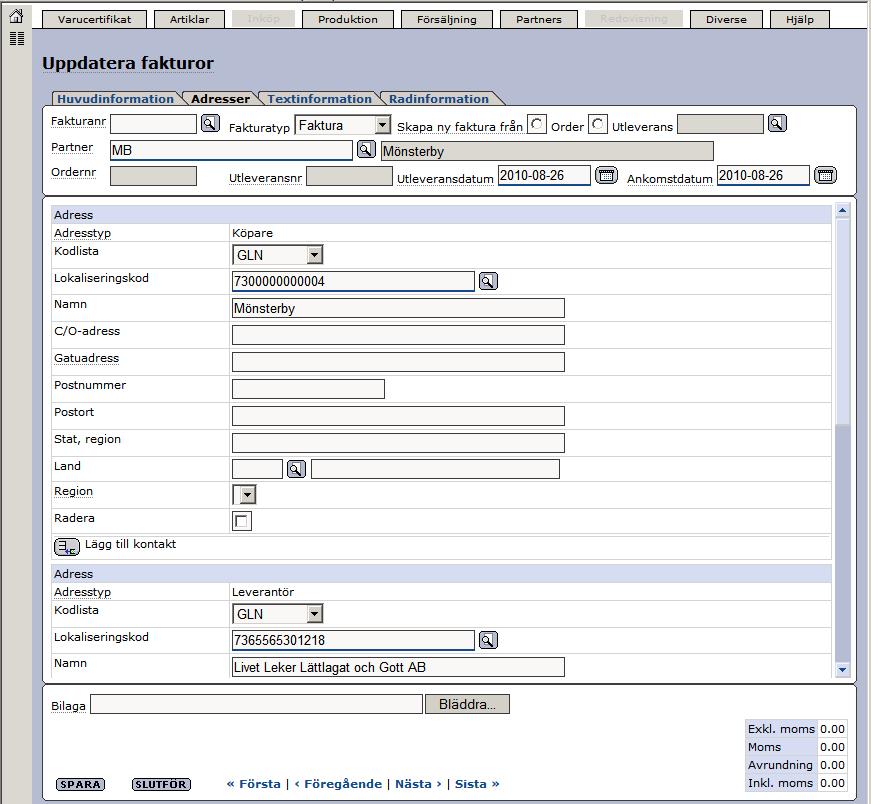 Senast Uppdaterad: 10-11-10 Exder Svefaktura Mölndal Sida 11 av 19 Ni kan här se er partners huvudadress och även er egen adress.