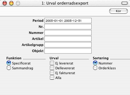 Exporten Orderrader skapar en textfil innehållande alla orderrader från det angivna urvalet.
