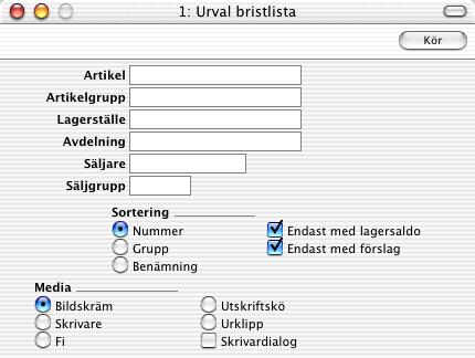 Kapitel 2: Inköp - Rapporter - Bristlista som kan beställas via funktionen Skapa inköpsordrar under menyn Funktioner (d.v.s. de artiklar som har korresponderande inköpsartiklar som är markerade som förvalda), medan den här rapporten visar alla lagerförda artiklar.