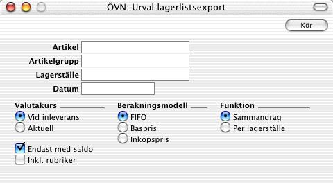 Kapitel 3: Varulager - Export - Lagerlista Lagerlista Den här funktionen exporterar de aktuella lagersaldona för de specificerade artiklarna, lagerställen etc.