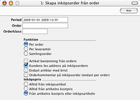 Kapitel 1: Order - Underhåll - Skapa inköpsorder Skapa inköpsorder Den här funktionen används för att skapa inköpsordrar från specifika ordrar, d.v.s. inköpsordrar för artiklar från ordrar som inte fullt kan levereras från lagret.