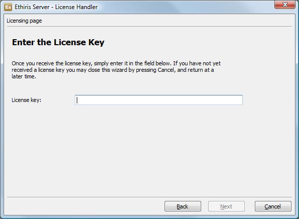Ethiris Licens Figur 2.3. Här ska du ange licensnyckeln som du erhållit från Kentima.