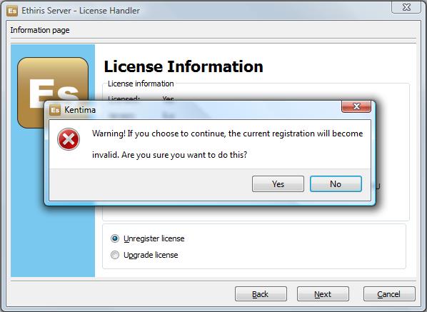 Ethiris Licens Kryssa i inmatningsfältet Unregister license vilket medför att du därefter även kan klicka på Next> för att fortsätta.