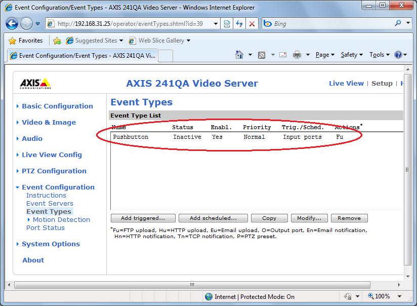 Uppgift 6, Larm via FTP från kameran Figur 2.93 En ny Event Type har laggts till i listan. Då var vi äntligen färdiga med inställningarna i videoencodern och du kan stänga webläsaren.
