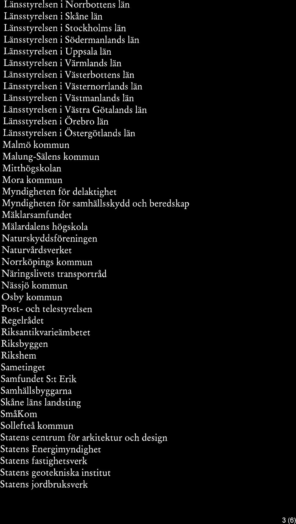 Länsstyrelsen i Norrbottens län Länsstyrelsen i Skåne län Länsstyrelsen i Stockholms län Länsstyrelsen i Södermanlands län Länsstyrelsen i Uppsala län Länsstyrelsen i Värmlands län Länsstyrelsen i