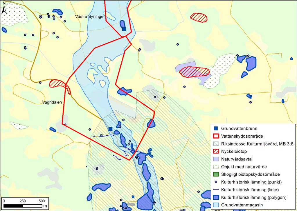 Figur 4 Utbredning av skyddade områden kring Vagndalens grundvattentäkt. Lantmäteriet, länsstyrelsen, Naturvårdsverket, Trafikverket, Skogsstyrelsen och Riksantikvarieämbetet.