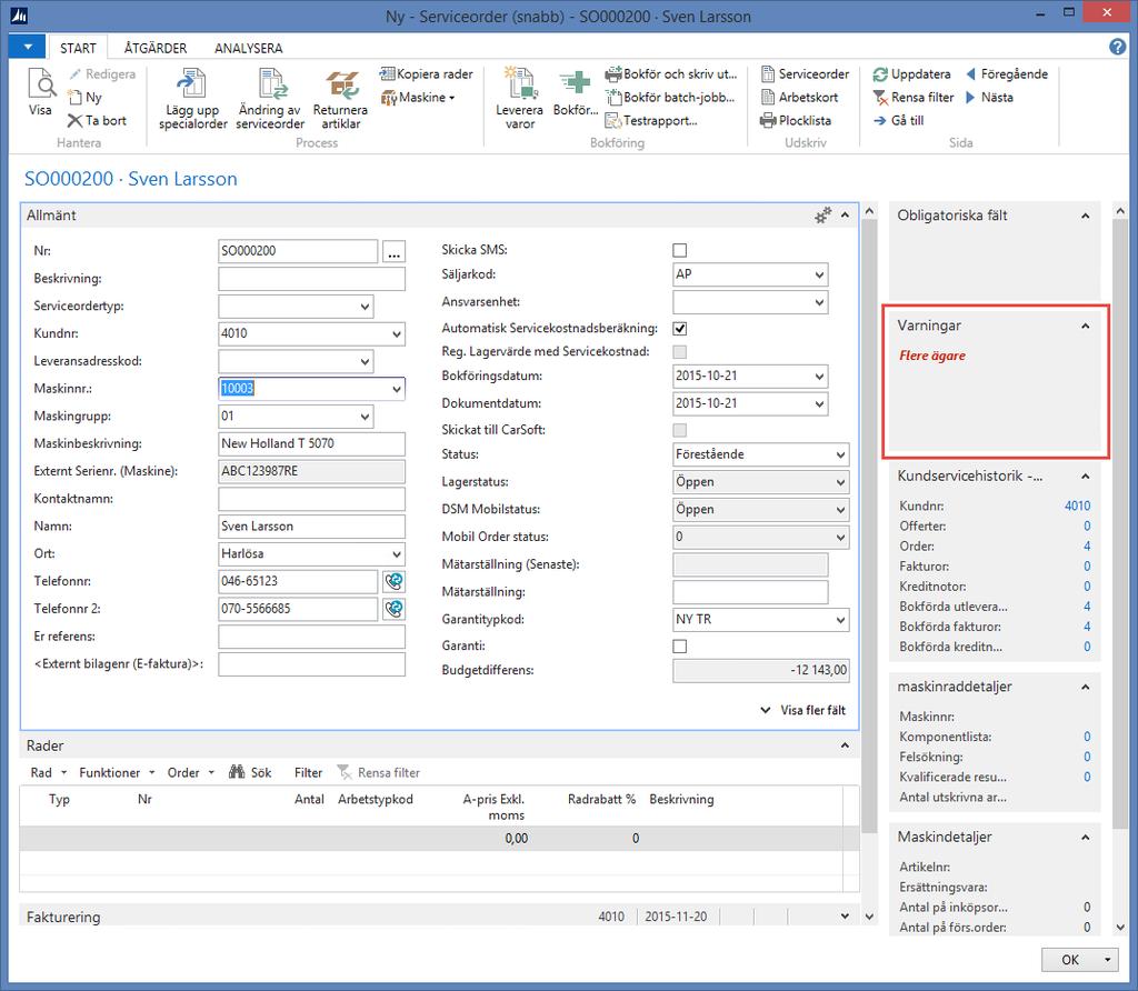 Service I servicemodulen kan du också skapa serviceorder för maskiner som har flera ägare. När du skapar serviceordern, hämtas eventuell ägarinformation automatiskt från maskinkortet.