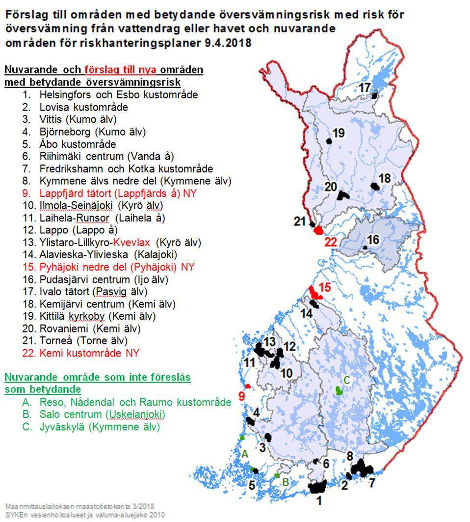 2/7 Bild 2. Förslag till områden med betydande översvämningsrisk från vattendrag eller havet samt områden med riskhanteringsplaner för åren 2016-2021.